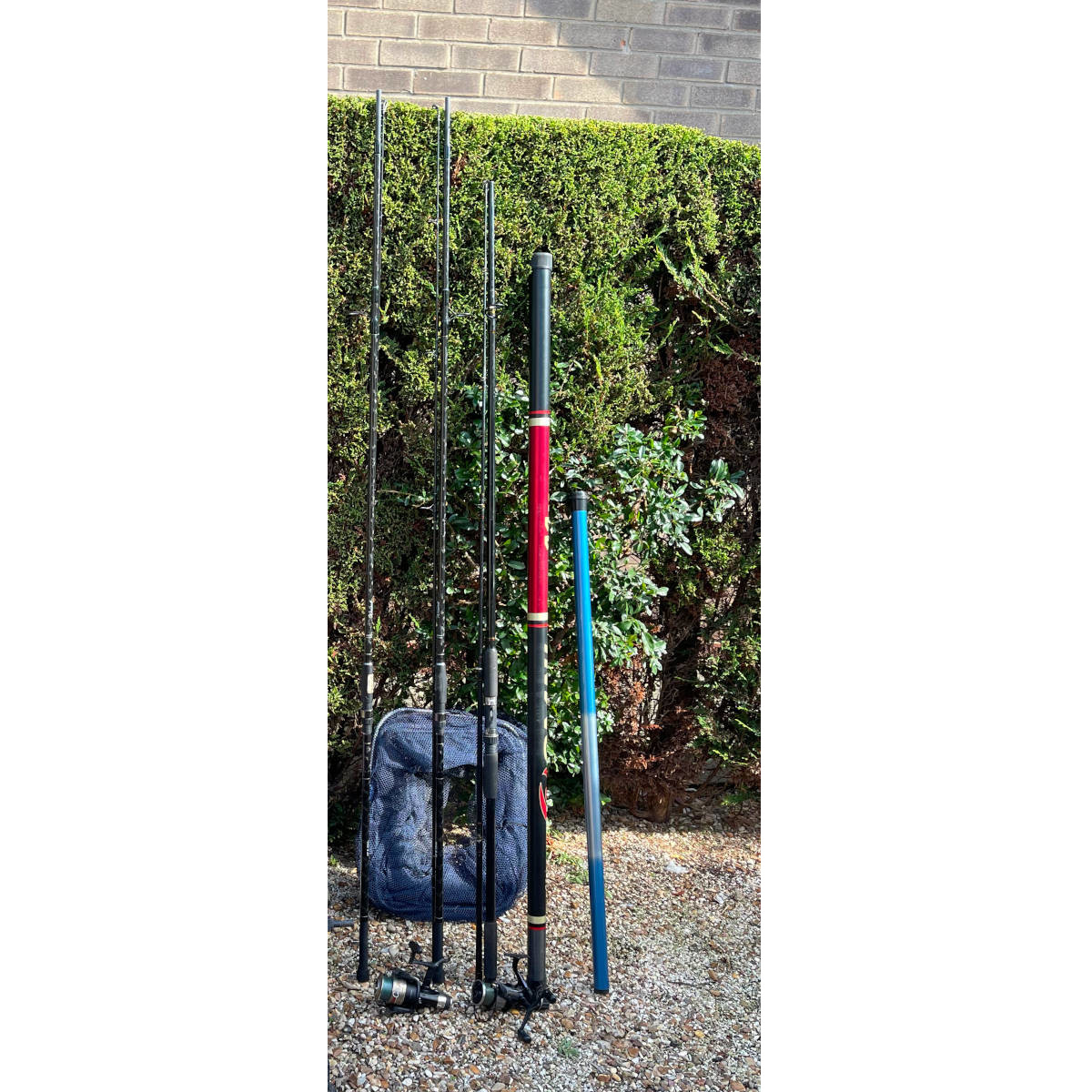 Typical amateur Fishing Rod And Reel set - 2 carp fishing rods and one heavier duty. Basic extending pole. Small whip for fishing marginals. Landing and keep nets.