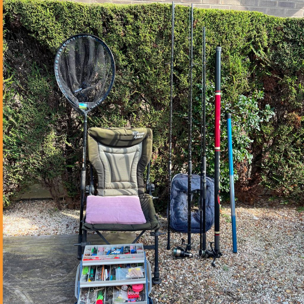 Typical amateur fishing gear set up - 2 carp rods and one heavier duty. Basic extending pole. Small whip for fishing marginals. Landing and keep nets. Tackle box for all hooks floats