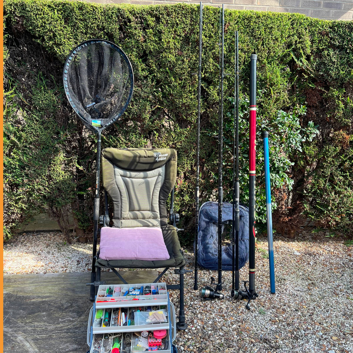 Typical amateur fishing gear set up - 2 carp rods and one heavier duty. Basic extending pole. Small whip for fishing marginals. Landing and keep nets. Tackle box for all hooks floats